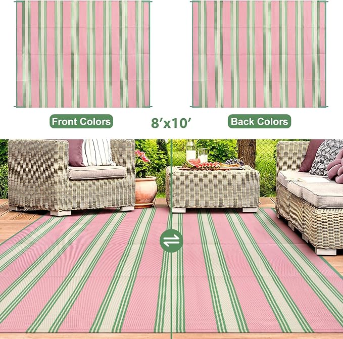 Lahome Striped Outdoor Rug 8x10 Patio Waterproof, Reversible Outdoor Plastic Straw Rug for Camping, RV Patio Rugs Outside Large Carpet for Porch Deck Backyard Picnic(Pink/Green,8'x 10')