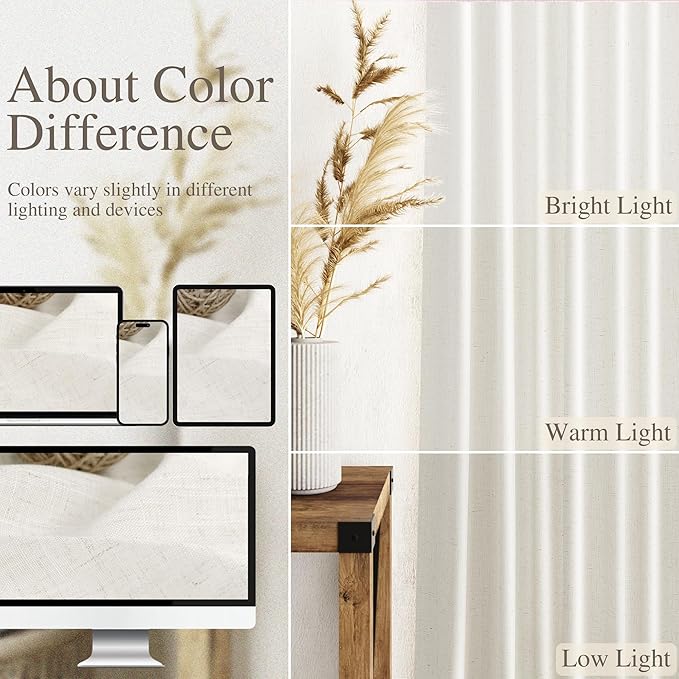 Beige White Linen Curtains 72 Inch Length for Living Room Lightweight Door Drapes 2 Panels Set for Kids Bedroom Sheer Light Filtering Back Tab Rod Pocket Curtain for Kitchen Protect Privacy 52x72