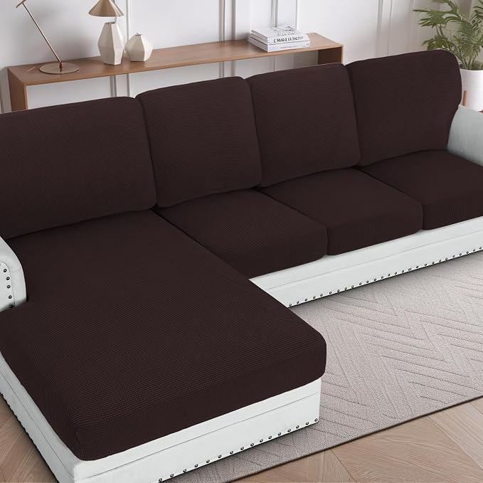 H.VERSAILTEX Sectional Couch Covers 8 Pieces Stretch Sofa Covers for Sectional Sofa Set Separate L Shaped Couch Cover for Both Left/Right Couch (Seat and Back: 1 Chaise + 3 Sofa, Chocolate)