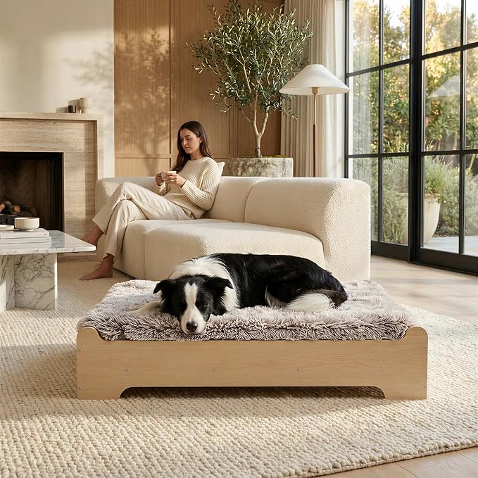 Elevated Wooden Dog Bed with Foam Mattress, Natural Wood, Large | Raised Dog Bed with Washable Cover and Supportive Foam Mattress, Crafted for Large Dogs and Modern Homes