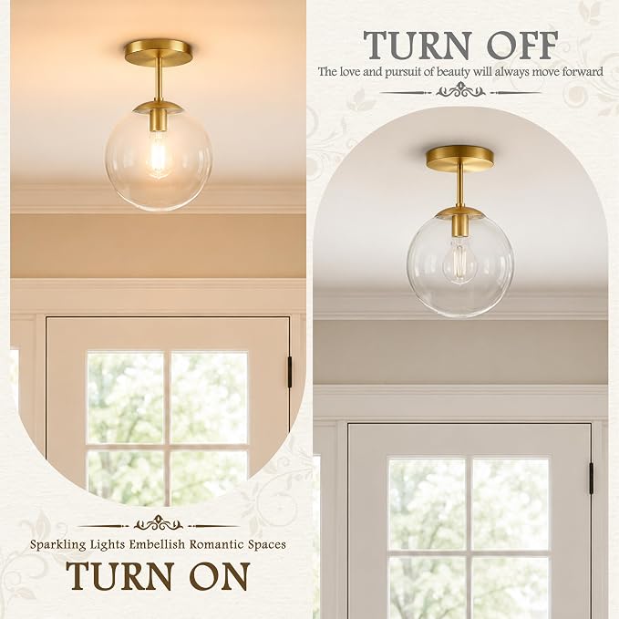 KoKo&Yukina Mid Century Modern Globe Semi Flush Mount Ceiling Light Fixture Clear Glass with Gold Brass Finish Globe Ceiling Light for Aisle Porch Stairway Closet Kitchen Laundry Room(Bulb Incl.)