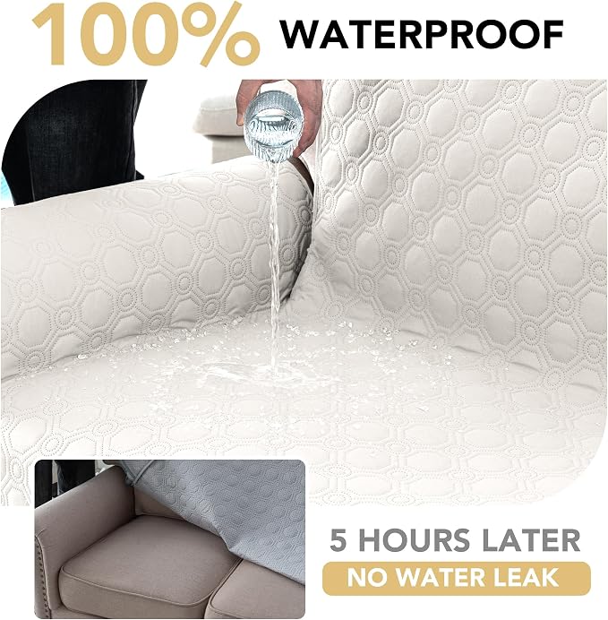 H.VERSAILTEX 100% Waterproof Couch Cover for 3 Cushion Couch Sofa Cover Washable for Pet Friendly with Elastic Straps Thick Durable Sofa Cover with Storage Pocket(XL Sofa, Beige)
