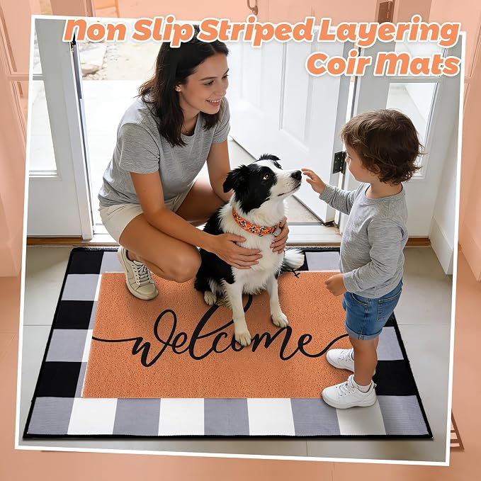 2pcs Layered Doormat Set, Welcome Door Mat for Outdoor Front Door, 16x24 PVC Coil & 24x32 Crystal Velvet Non-Slip Layering Entry Mats for Farmhouse Porch Decoration（Welcome, Striped