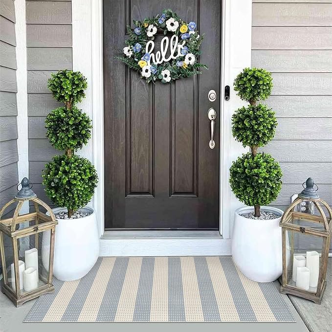 OJIA Outdoor Porch Rug Front Door Mat 24'x51, Front Door Rug Patio Decor | Washable Checkered Entry Rug Striped Area Rug Cotton Woven Kitchen Carpet Small Area Rug for Entryway Patio Bedroom Bathroom