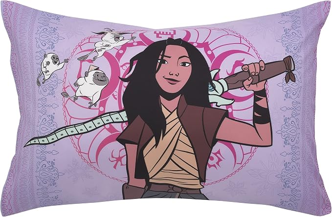 Disney Raya and The Last Dragon Mythic Pop Lavender, Magenta, and Blue with Sisu Dragon and Tuktuk 4 Piece Toddler Bed Set - Comforter, Fitted Bottom Sheet, Flat Top Sheet, and Reversible Pillowcase