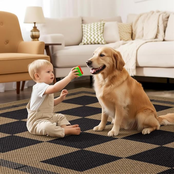 Jute Checkered Rugs, 6x9 Washable Outdoor Patio Rug, Large Living Room Rug | Bedroom Dining Room Indoor Carpet, Non Slip Modern Farmhouse Design Neutral Geometric Porch Classroom Mat, Black and Brown
