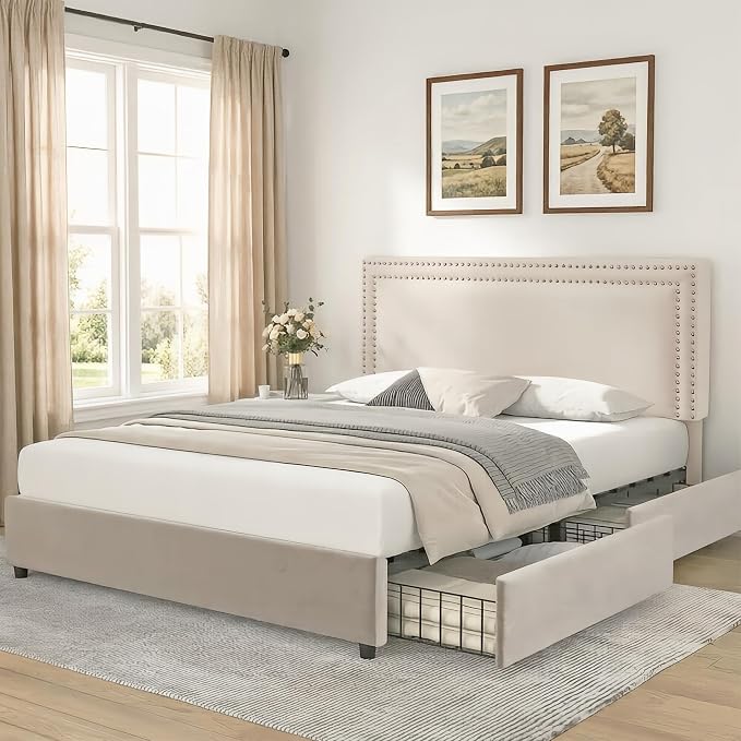 VECELO King Size Upholstered Bed Frame with 4 Storage Drawers, Adjustable Velvet Rivet Decor Headboard, Wooden Slats Platform Support, No Box Spring Needed, Easy Assembly,Beige