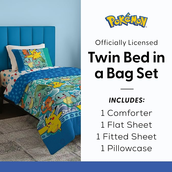 Northwest Pokemon First Starters Twin Size Bed in a Bag Set, Pikachu Charmander Squirtle Bulbasaur, Kids Boys Girls Bedding Comforter Sheets