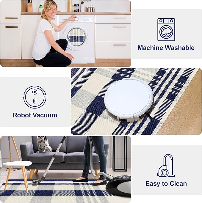 Buffalo Plaid Runner Rug Navy and Off White 2x6 Hallway Cotton Woven Rug Farmhouse Checkered Runner Rug Washable Runners for Entryway Kitchen Laundry Room Bedroom Living Room