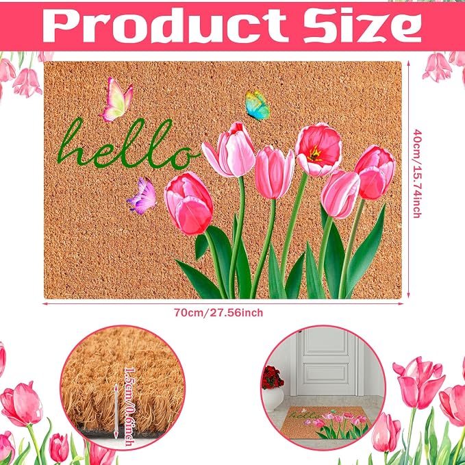 Ceenna Spring Welcome Coir Doormat Outdoor Hello Spring Front Door Mat Tulip Butterfly Coir Doormat with Non Slip Backing February Romantic Mat Front Porch Rugs for Home Entrance, 16 x 28 Inches