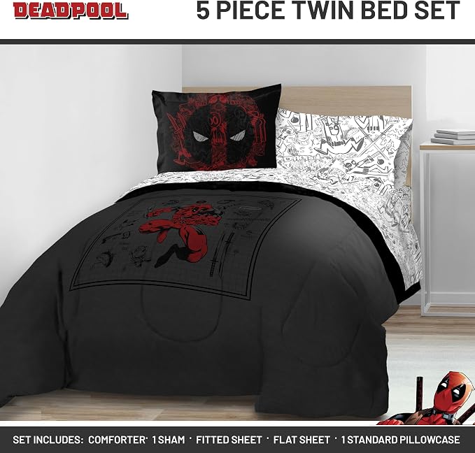 Marvel Deadpool Twin Comforter Set 5 Piece Soft Bedding for Boys, Gray | Bed in a Bag, Comforter Sheets Sham Pillowcase, Official Product, Soft Microfiber, Machine Washable, Boys Gift