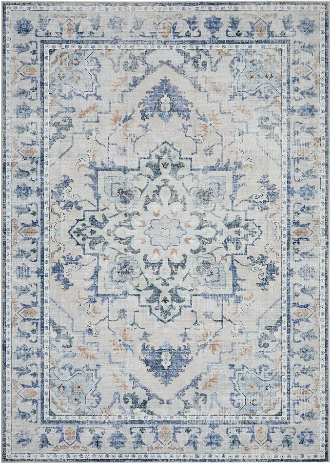 Joydeco 5x7 Area Rug for Livingroom, Bed Room, Home Office, Blue Grey | Vintage Machine Washable Non Slip