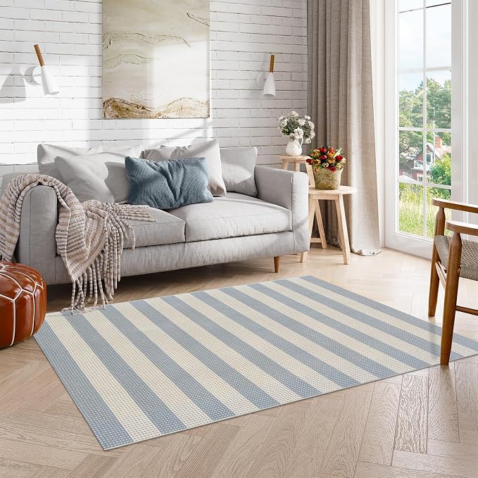 OJIA Washable Area Rug 4'x6', Striped Indoor Outdoor Rugs Patio Camping Rug | Cotton Woven Entryway Rugs Indoor Outdoor Patio Rugs Carpet Large Area Rugs for Bedroom/Porch/Deck/Backyard/Living Room Blue