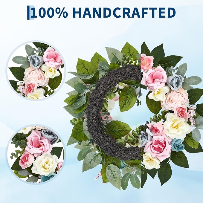 Garvee 20 Inch Spring Wreaths for Front Door, Artificial Pink Rose Wreath | with Colorful Florals and Eucalyptus Foliage, for Home Wall Window Wedding Party Indoor Outdoor Decor
