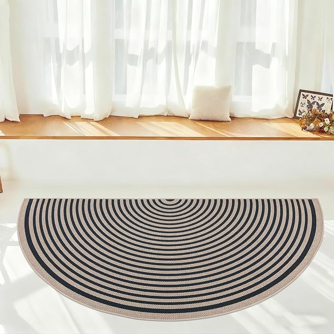 Easy Jute Rainbow Rug 2.6x5Ft Half Circle Doormat Neutral Faux Jute Carpet for Farmhouse Bedroom Entrance Balcony, Nonslip Half Round Floor Mat for Living Room Patio Kitchen, Outdoor, Black 3