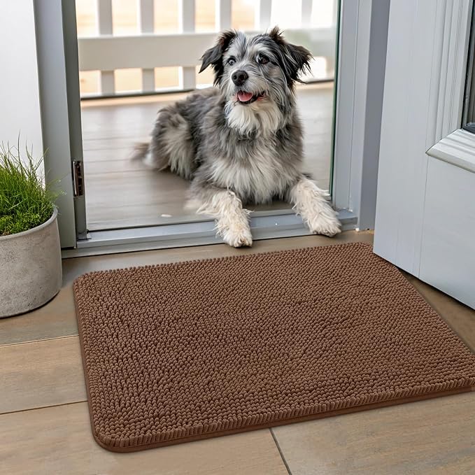 Smiry Dog Door Mat for Muddy Paws 24x16, Absorbent Dirt Trapper, Non-Slip Washable Chenille Entryway Rug for Inside Floor, Mocha, Classic Solid