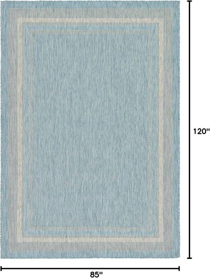 Unique Loom Outdoor Border Collection Area Rug - Soft Border (7' 1" x 10' Rectangle, Aquamarine/ Ivory)