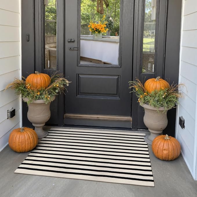 Collive Black and White Striped Door Mat 24"x35", Cotton Hand Woven Welcome Entryway Rug,Washable Small Porch Fall Decor, Welcome Door Mat for Indoor Outdoor Kitchen Farmhouse Entrance