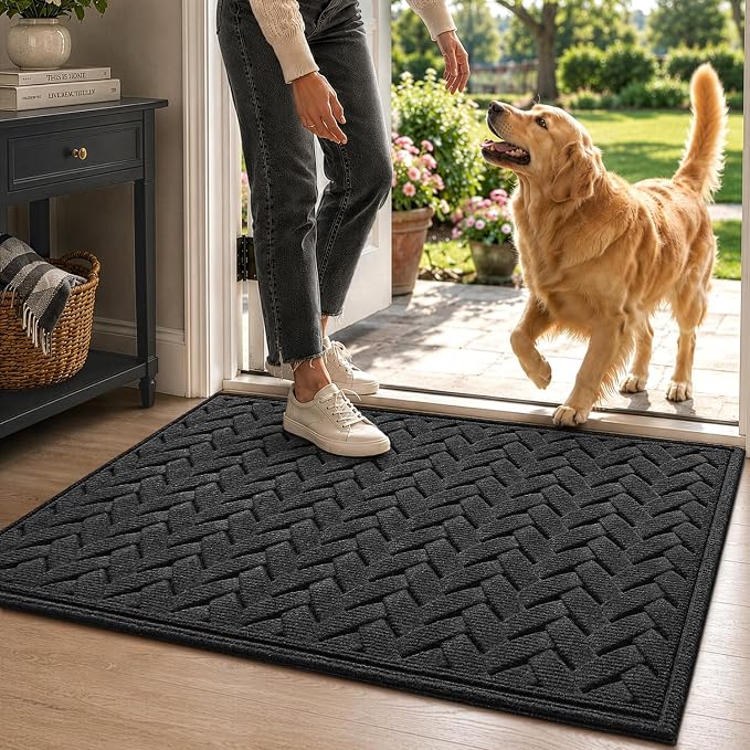 DEXI Front Door Mat Outside Entrance, 17x30 Heavy Duty Entry Doormat Dirt Trapper with Rubber Back, Non Slip Low Profile Floor Mats for Entryway Exterior Patio, Wave Charcoal