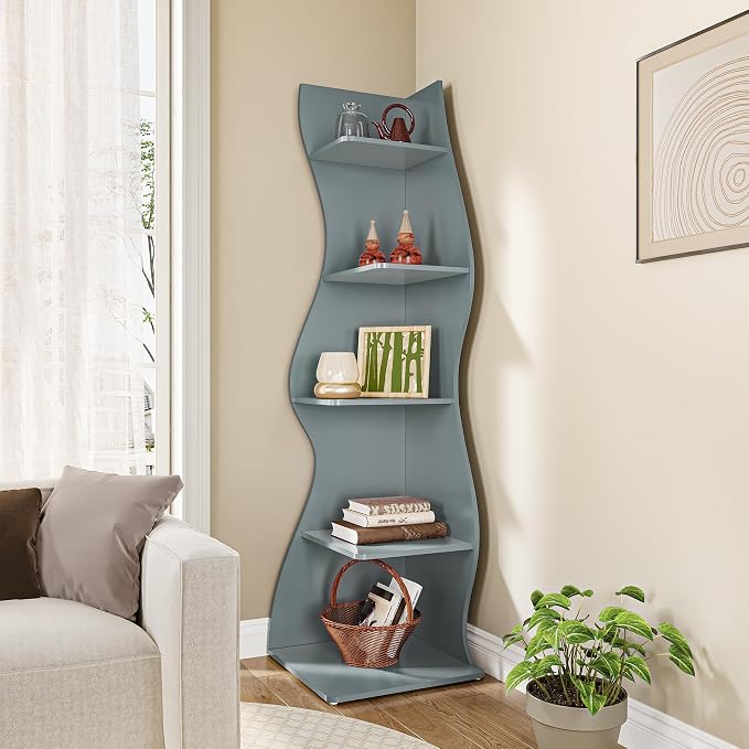 LITTLE TREE Small Corner Shelf, Modern 5-Tier Wall Corner Bookshelf, Stylish Bookcase Storage Rack for Small Space, Living Room, Bedroom, Blue, 1 Pack