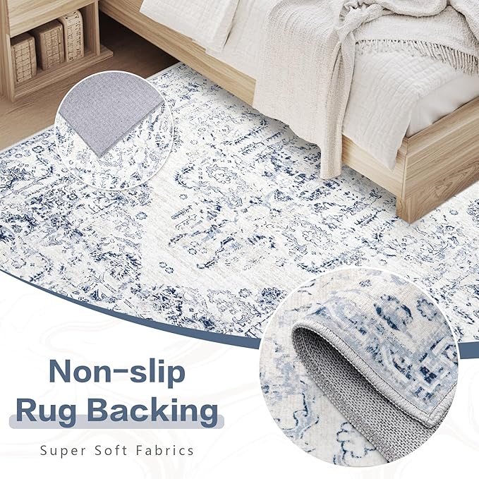 8x10 Area Rugs for Living Room: Washable Rug Vintage Large Rugs Soft Non Slip Low Pile Rug Floral Distressed Floor Carpet for Bedroom Kitchen Nursery Dining Room Home Office (Blue, 8'x10')