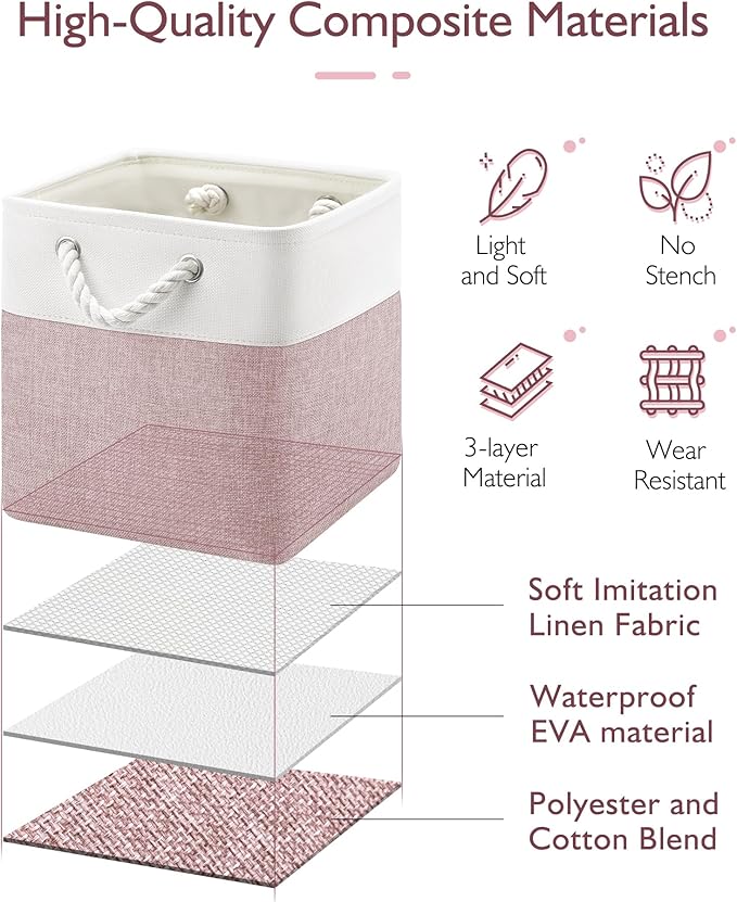 Patvingot 11-Inch Fabric Cube Storage Bins with Handles,6 Pack,Foldable | For cube shelves and closets,keeps grouped for everyday access,reinforced opening and fold-flat storage,white and pink