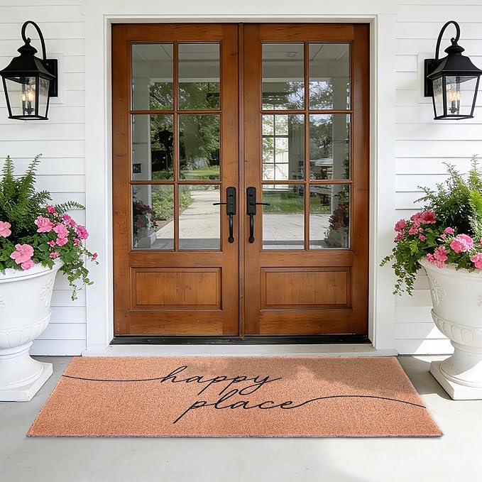 Happy Place Extra Long Doormat for Double Door Entrance, 24x59 Inch | Large Heavy Duty Front Porch Rug with Non Slip PVC Backing, Oversized Decorative Door Mat for Indoor Outdoor Entryway
