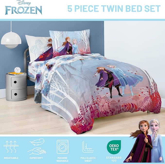 Disney Frozen 2 Forest Spirit 5 Piece Twin Bed Set - Includes Reversible Comforter & Sheet Set - Bedding Features Elsa & Anna - Super Soft Fade Resistant Microfiber - (Official Disney Product) | Bed in a Bag, Comforter Sheets Sham Pillowcase, Official ...