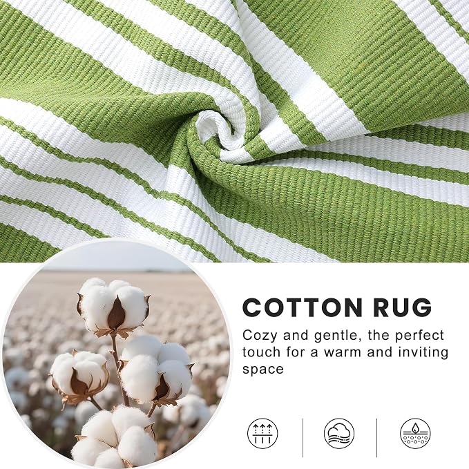 OLANLY Green and White Classic Striped Rug 2' x 4'3" (24" x 51") – Washable Cotton Indoor Outdoor Doormat for Front Door, Entryway, Kitchen, Porch, Patio Decor