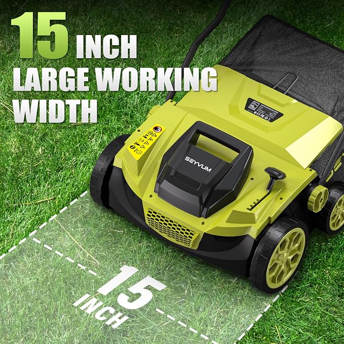 SEYVUM 15 Amp 15 inch Electric Dethatcher and Scarifier, 40L Collection Bag | Corded Lawn Dethatcher, 5-Position Working Height, Green
