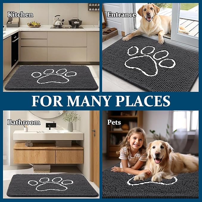 OLANLY Dog Door Mat for Muddy Paws 70x32, Paw Print Design, Absorbs Moisture and Dirt, Absorbent Non-Slip Washable Doormat, Quick Dry Chenille Mud Mat for Dogs, Entry Indoor Entryway Carpet, Dark Grey
