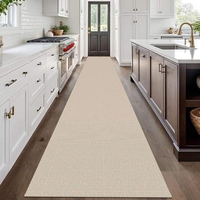 IOHOUZE Washable Exrea Long Hallway Runner Rug 3x20 Non Slip Rubber Backed Kitchen Runner Entryway Runner Indoor, Woven Rugs Floor Carpet for Kitchen Hall Entryway, Cream/Beige