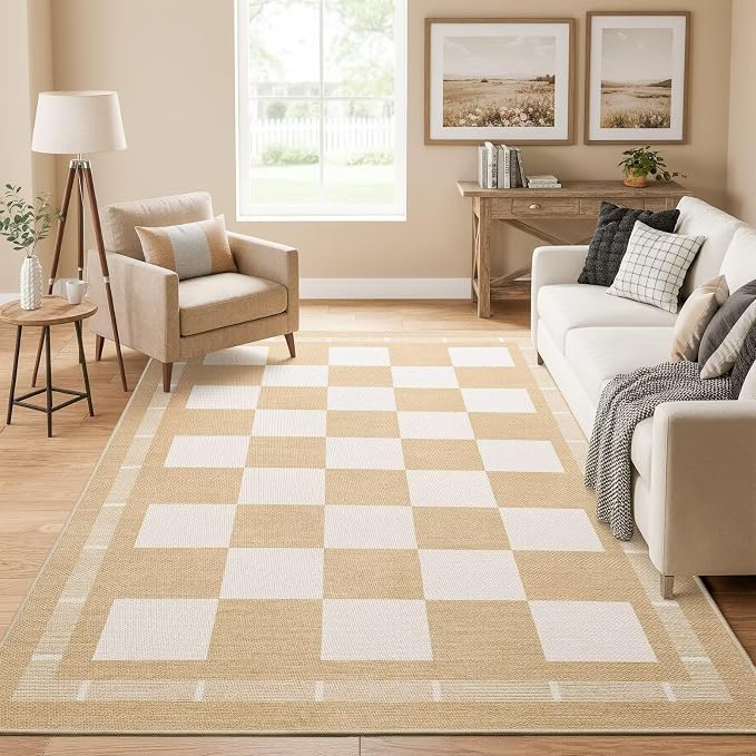 Vasofe 3x5 Outdoor Rug, Jute Checkered Rugs, Patio, Entryway, Plaid Carpet | Washable Indoor, Balcony, Porch, Bedroom Kitchen Carpets, Non Slip Farmhouse Neutral Laundry Office Mat, Khaki and White