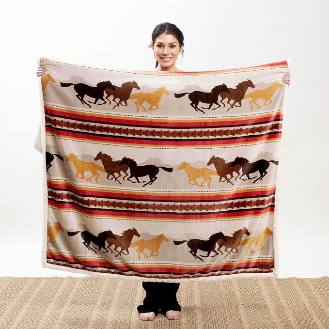 Carstens, Inc. Wrangler Running Horse Country Sherpa Fleece Throw Blanket, Brown, One Size