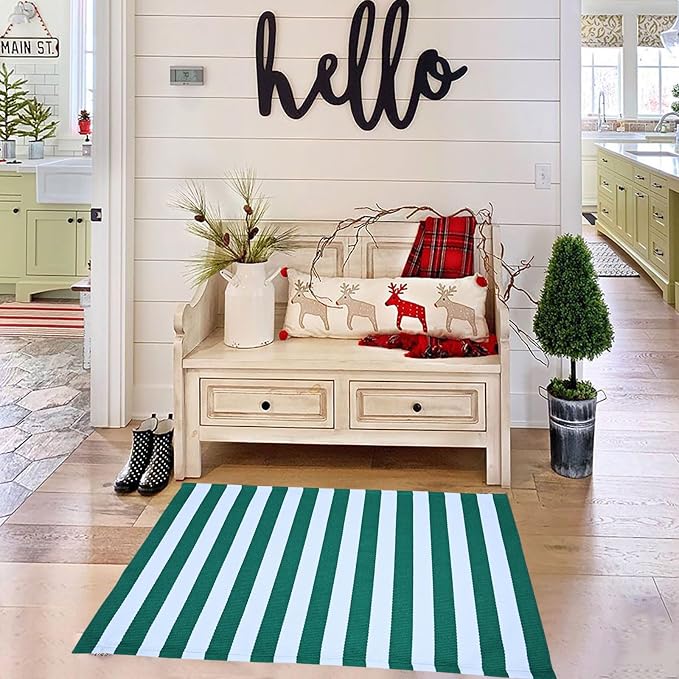 Green and White Striped Outdoor Rug St. Patrick's Day Rug 27.5'' x 43'' Spring Doormat Layered Welcome Mat for Farmhouse Easter Spring Front Porch Entryway Decor