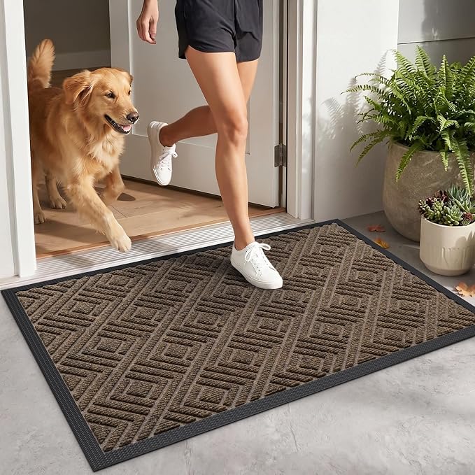 DEXI Front Door Mat Outside Entrance, Heavy Duty Entry Doormat Dirt Trapper with Rubber Back, Non Slip Low Profile Welcome Floor Mats for Entryway Exterior Patio, 32x48, Checkered Brown