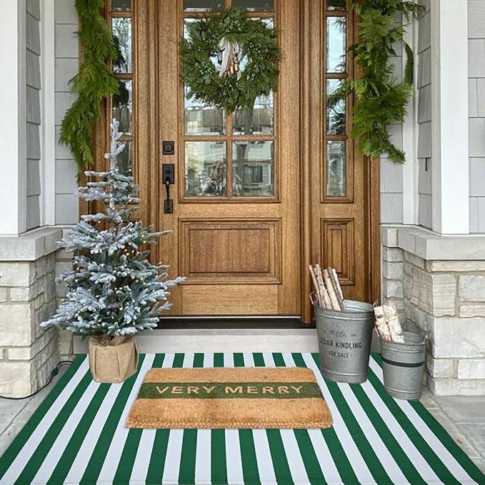 St. Patrick's Day Striped Outdoor Rug Green and White Spring Door Mat 3' x 5' Layered Welcome Mat for Farmhouse Spring Easter Front Porch Entryway Decor