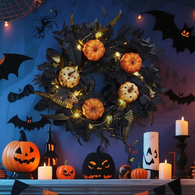 GarveeHome Halloween Wreath for Front Door, 18 in Fall Wreath with Pumpkins and Maple Leaves for Indoor Outdoor Wall Window Porch Patio Garden Farmhouse Home Party Prom Decoration