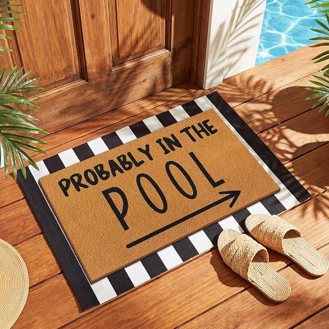 Tinideya 2 Pcs Summer Door Mat Probably in the Pool Welcome Non Slip Coir Mats Floor Layering Black and White Strips Doormats Seasonal for Front Porch Entryway Decor(Pool)