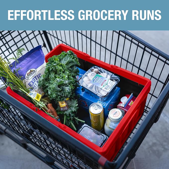 CleverMade Collapsible Shopping Basket, 32L, Recycled Plastic, Red | Rigid walls support up to 35 lb, while top and side handles balance heavier grocery, laundry, or gear loads.