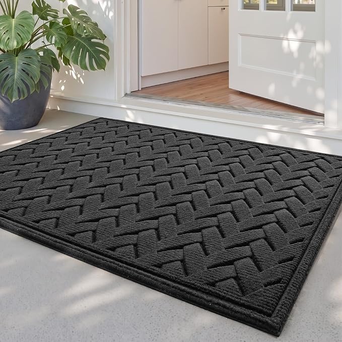 DEXI Front Door Mat Outside Entrance, 2x3 Heavy Duty Entry Doormat Dirt Trapper with Rubber Back, Non Slip Low Profile Floor Mats for Entryway Exterior Patio, Wave Charcoal