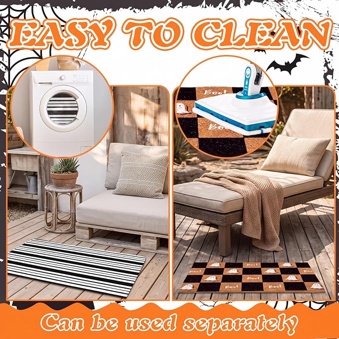 Moucuny 2 Pcs Halloween Coir Doormat Outdoor Boo Ghost Coir Plaid Welcome Mat Layered Black White Striped Outdoor Rugs for Halloween Front Door Porch Porch Entryway Decor,24'' X 35'',16'' X 28''