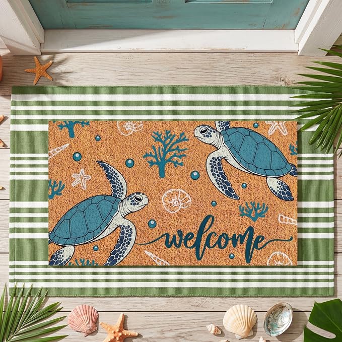 Moucuny 2 Pcs Summer Beach Coir Door Mat Coastal Sea Turtle Doormat 24'' x 35'' Green and White Striped Outdoor Rug 16'' x 28'' Ocean Beach Non Slip Seasonal Welcome Doormat for Porch Front Decor