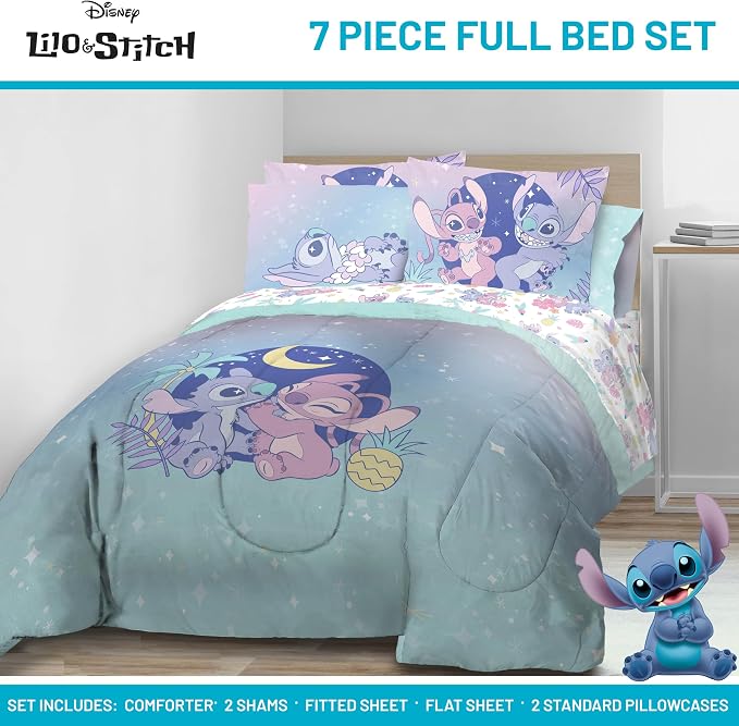 Disney Lilo and Stitch Full Comforter Set 7 Piece Kids Bedding, Multi | Bed in a Bag, Comforter Sheets Shams Pillowcases, Official Brand, Soft Microfiber, Machine Washable, Girls Gift
