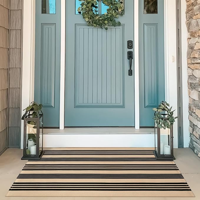 OJIA Outdoor Rug 3'x5', Black Tan Patio Rug Front Door Mat Outside Entrance | Machine Washable Area Rug Cotton Woven Entryway Rug Indoor Striped Carpet for Porch/Deck/Backyard/Camping/Outdoor Decor