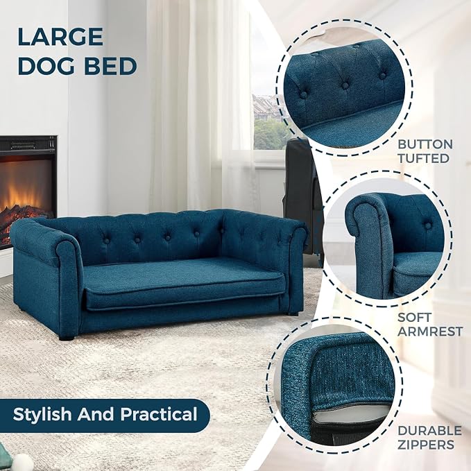 Dog Sofa Couch for Medium Dogs, 39" Memory Foam Dog Couch with Washable Fabric, Removable Cushion, Sofa Bed for Medium Dogs, Blue