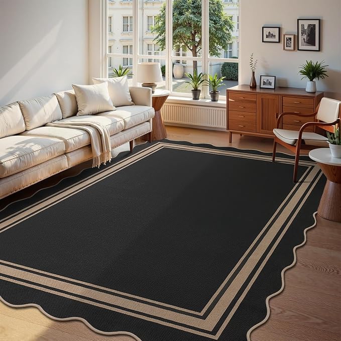 8x10 Scalloped Rug Easy Jute Washable Rug for Living Room Indoor Outdoor Black Geometric Non Slip Carpet for Under Table Neutral Carpet for Backyard Patio Dining Room