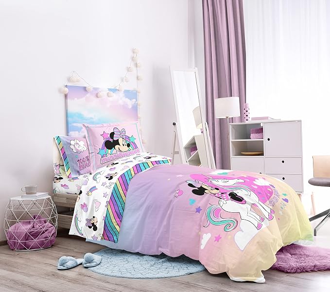 Disney Minnie Mouse Full Size Comforter Set 7 Piece Kids Bedding, Pink | Unicorn, Comforter Sheets Shams Pillowcases, Official Product, Soft Microfiber, Machine Washable, Girls Gift