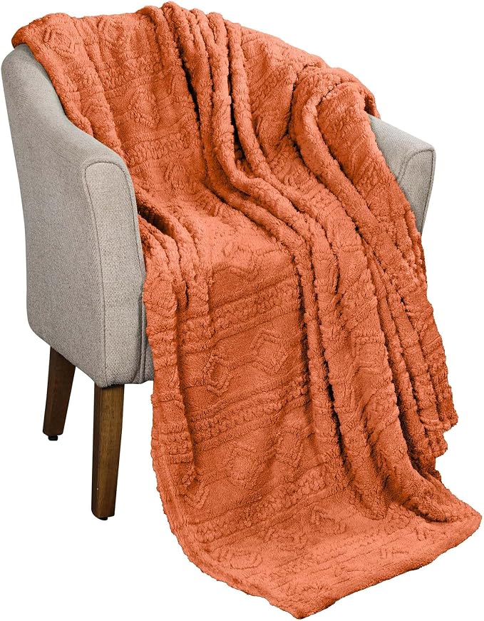 Superior Fleece Boho Jacquard Blanket, Decorative Blankets for Bedroom, Sofa, Fuzzy, Plush, Fluffy, Soft, Cute Room Decor, Beautiful Cover, Comfort Essentials, Arctic Collection, King, Dusty Orange
