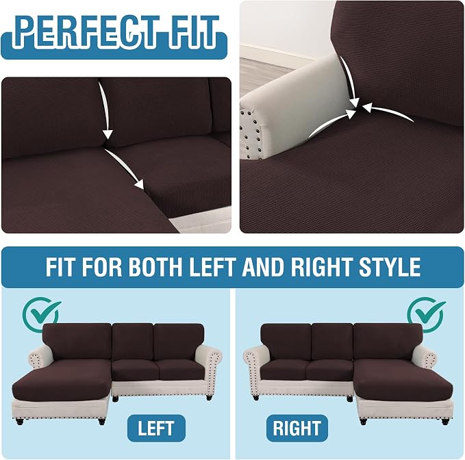 H.VERSAILTEX Sectional Couch Covers 6 Pieces Stretch Sofa Covers for Sectional Sofa Set Separate L Shaped Couch Cover for Both Left/Right Couch (Seat and Back: 1 Chaise + 2 Sofa, Chocolate)